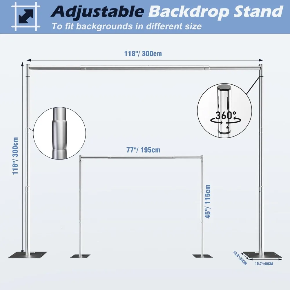 Heavy Duty Backdrop Stand Kit 10x10ft Adjustable Telescopic Pole Frame with Metal Base for Party Wedding Birthday Photography view 2