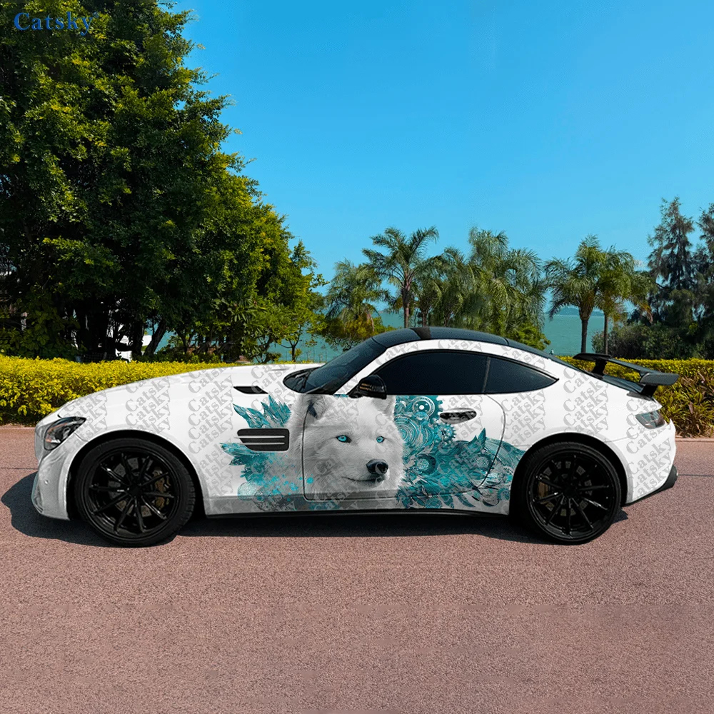 

2pcs.Ice-Blue Gear White Wolf Car Side Car Wraps, Self-Adhesive PVC Waterproof & Scratch-Resistant Stickers, Car Accessory Gift