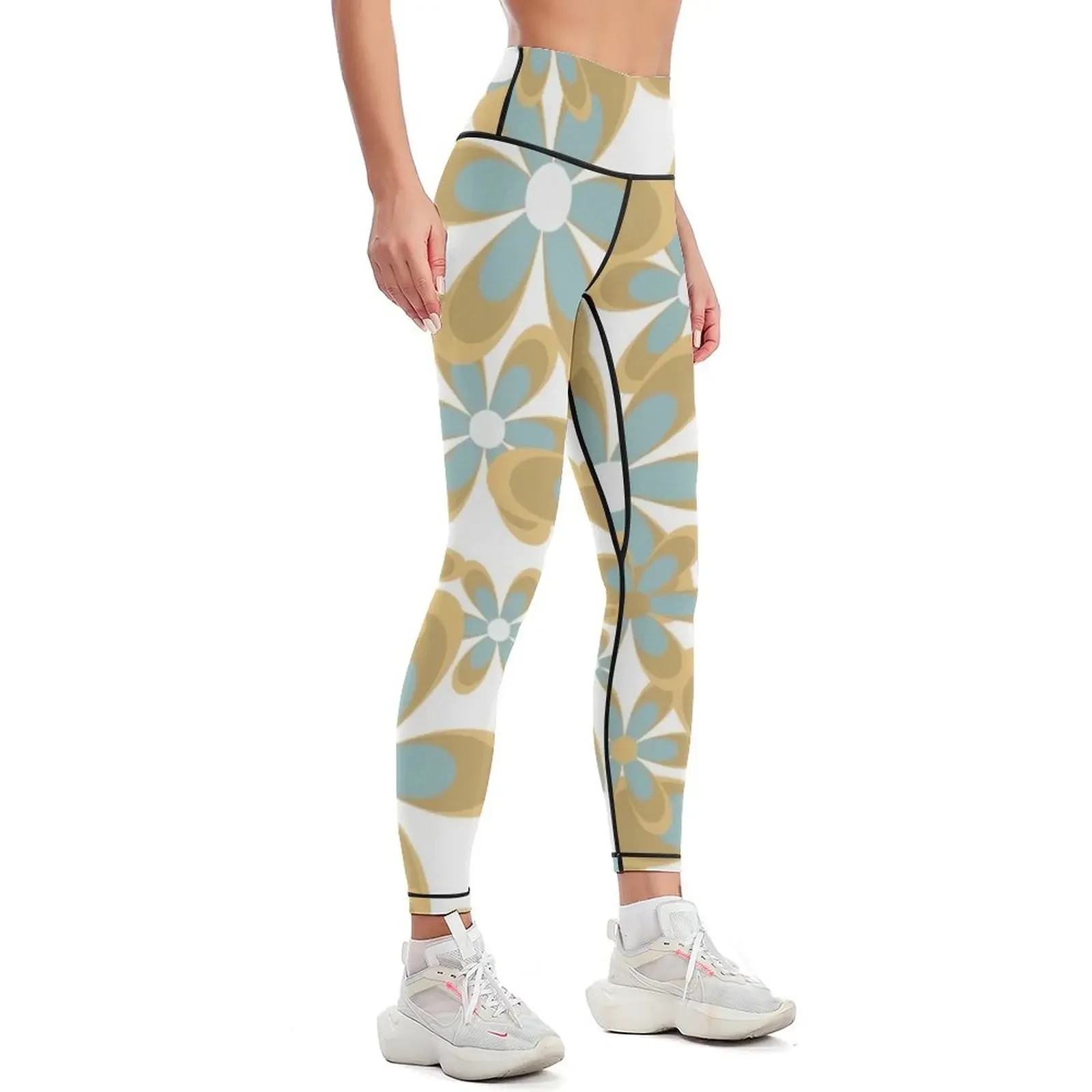 Flowerama. Papercut Floral in Ice Aqua Blue, Gold, and White. Cheerful Busy Retro Pattern Leggings for fitness Womens Leggings