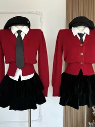 Formal Occasion Outfits 3 Piece Set Blouses + Wrap Hip High Waist Skirts Coquette + Red Knitted Cardigan Autumn Winter Harajuku