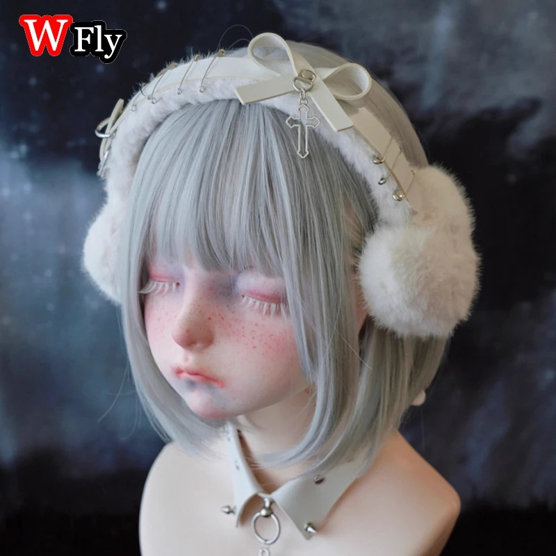 Princess Wind Lovely Women’s Harajuku Steampunk Y2K GIRL keep warm bow headband pin leather button earmuff love Earmuff Ear Muff