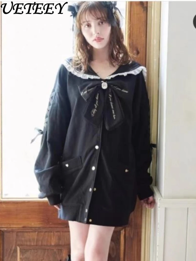 Japanese Style Long Sleeve Sweatshirt Mass-Produced Bow Sweet Hoodies Sail Collar Single-Breasted Mid-Length Cardigan Jacket