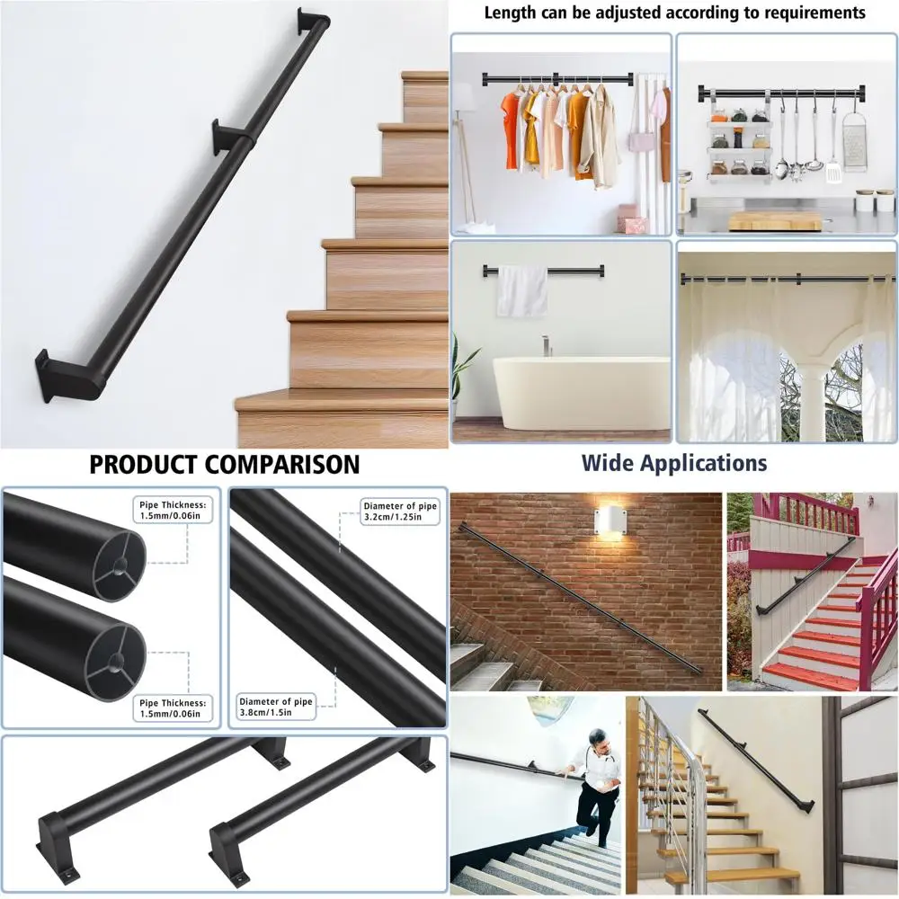 درابزين سلالم معدنية داخلية، درابزين بقطر 1.5 مثبت على الحائط للدرج، طراز صناعي، مناسب للخطوات ذات الطويلة #1