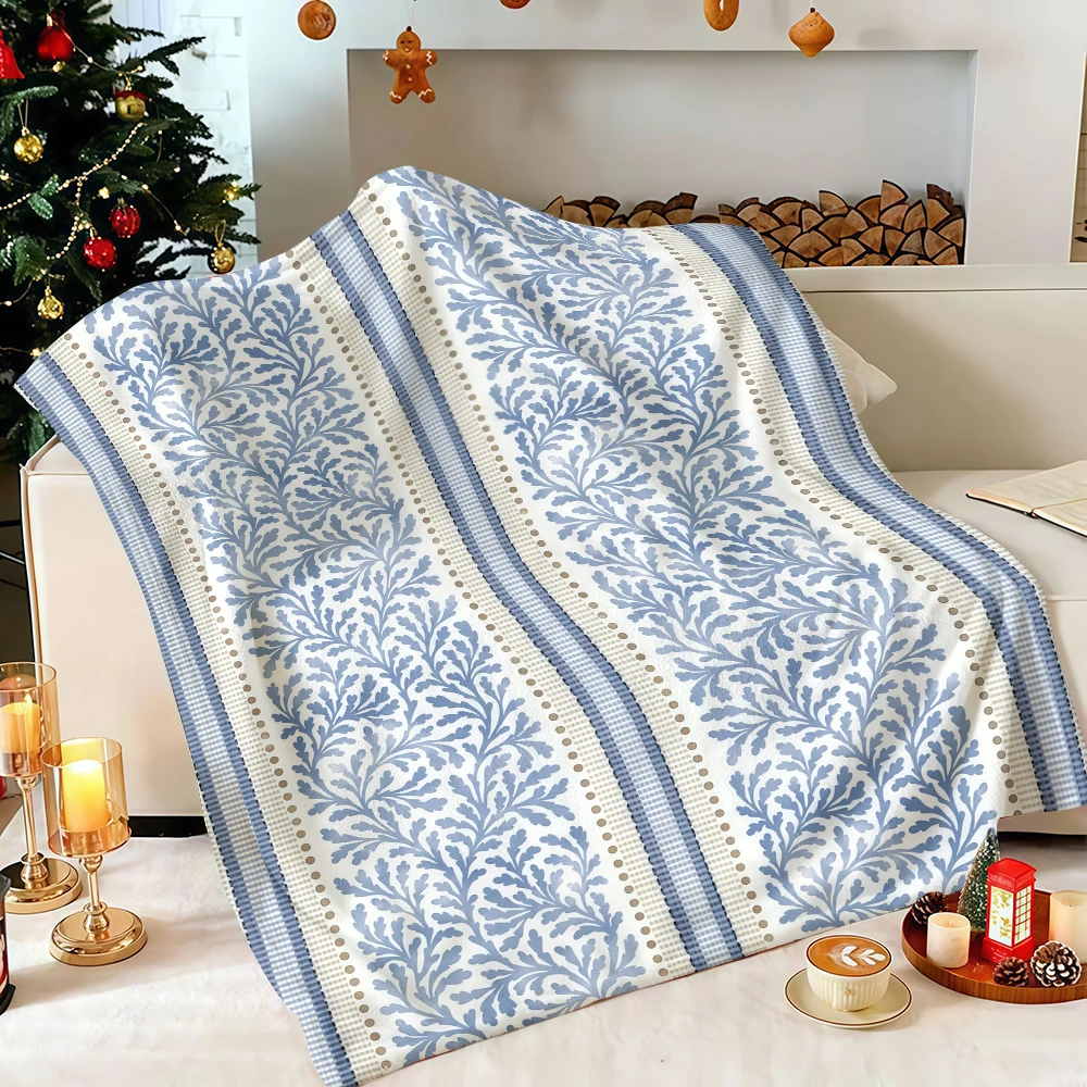 Blue White Stripe Botanical Flannel Blanket Soft Fuzzy Plush Cozy Warm Throw for Sofa Bed Couch Home Decor