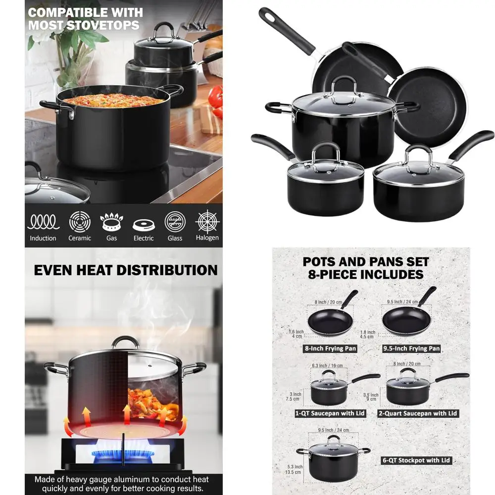 

8-Piece Nonstick Cookware Set: Saucepan, Frying Pan, Stockpot, Heavy Gauge with Cool Handles, Black