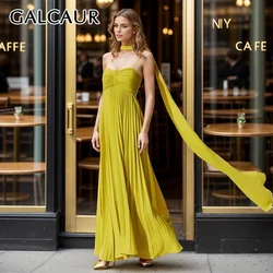 GALCAUR Yellow Pleated Dresses For Women Strapless Sleeveless High Waist Oversize Pathwork Maxi Dress Female Summer Beach Style