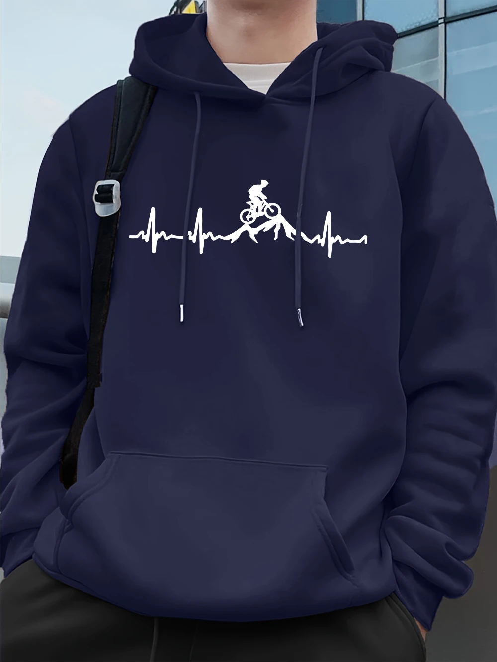 

Ecg Bicycle Off-Road Printing Mens Sweatshirts Winter Pocket Hoodie Fashion Fleece Warm Loose Pullovers Casual Men'S Clothes