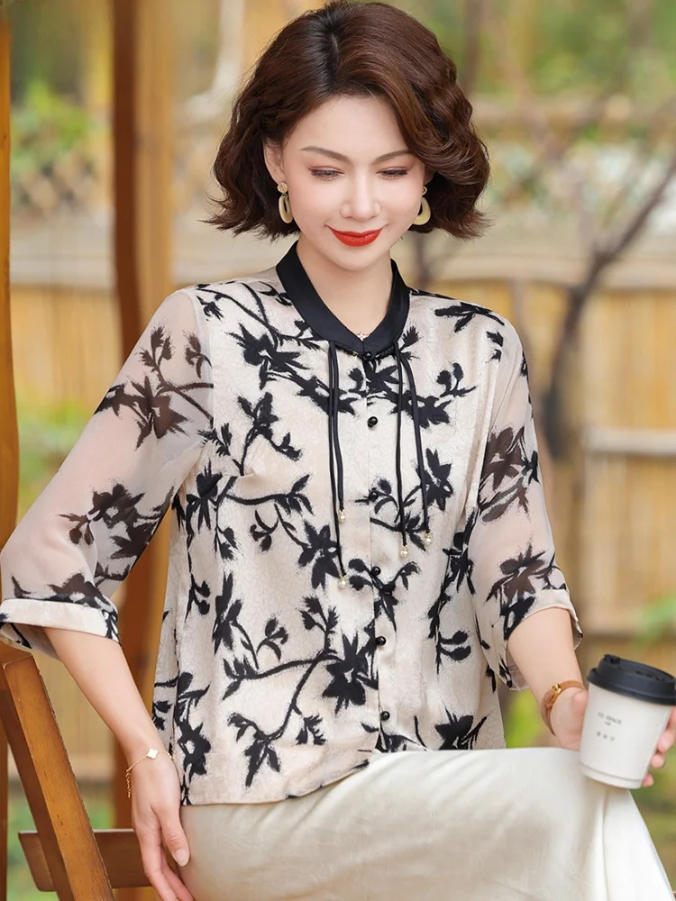 

Новый китайский летний комплект одежды: модный женский топ с рукавом три четверти для женщин среднего и старшего возраста, новинка 2025 года