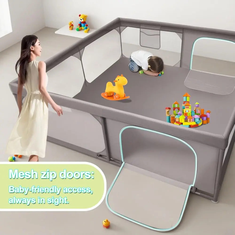 Extra Large 79 Playpen for Kids, Safety Fence with Dual Zippered Doors, Mesh Pockets, Transparent Sides