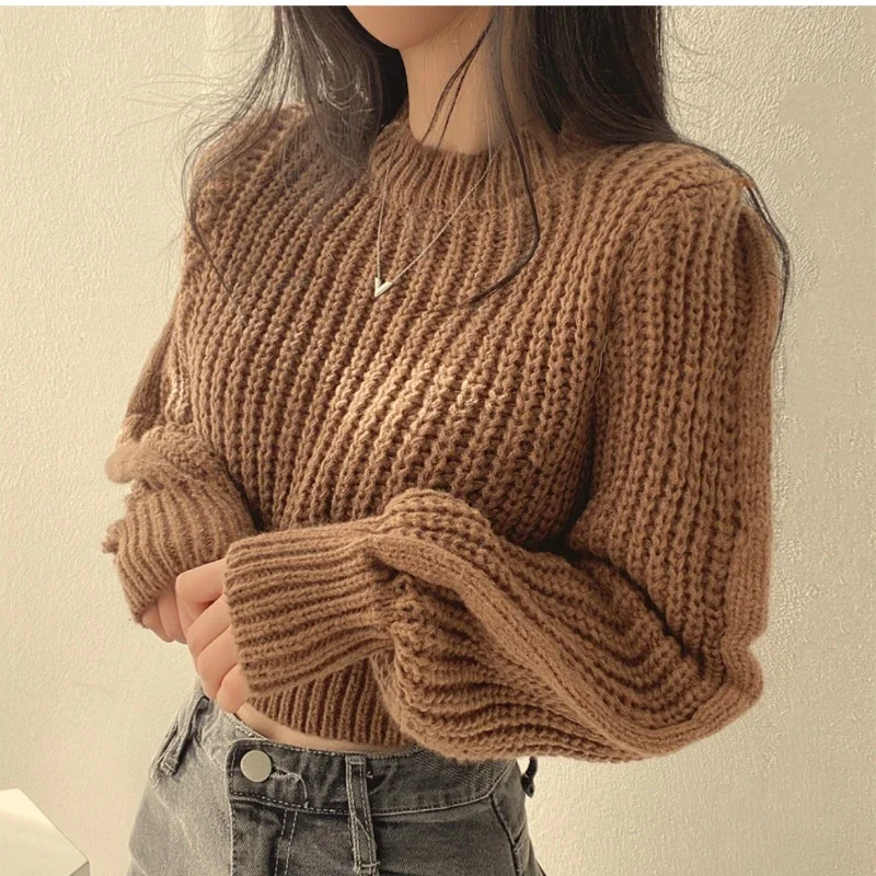 Maglione corto casual tinta unita Maglieria da donna calda ed elegante 2025 Pullover lavorato a maglia con maniche a lanterna con o-collo da donna autunno inverno