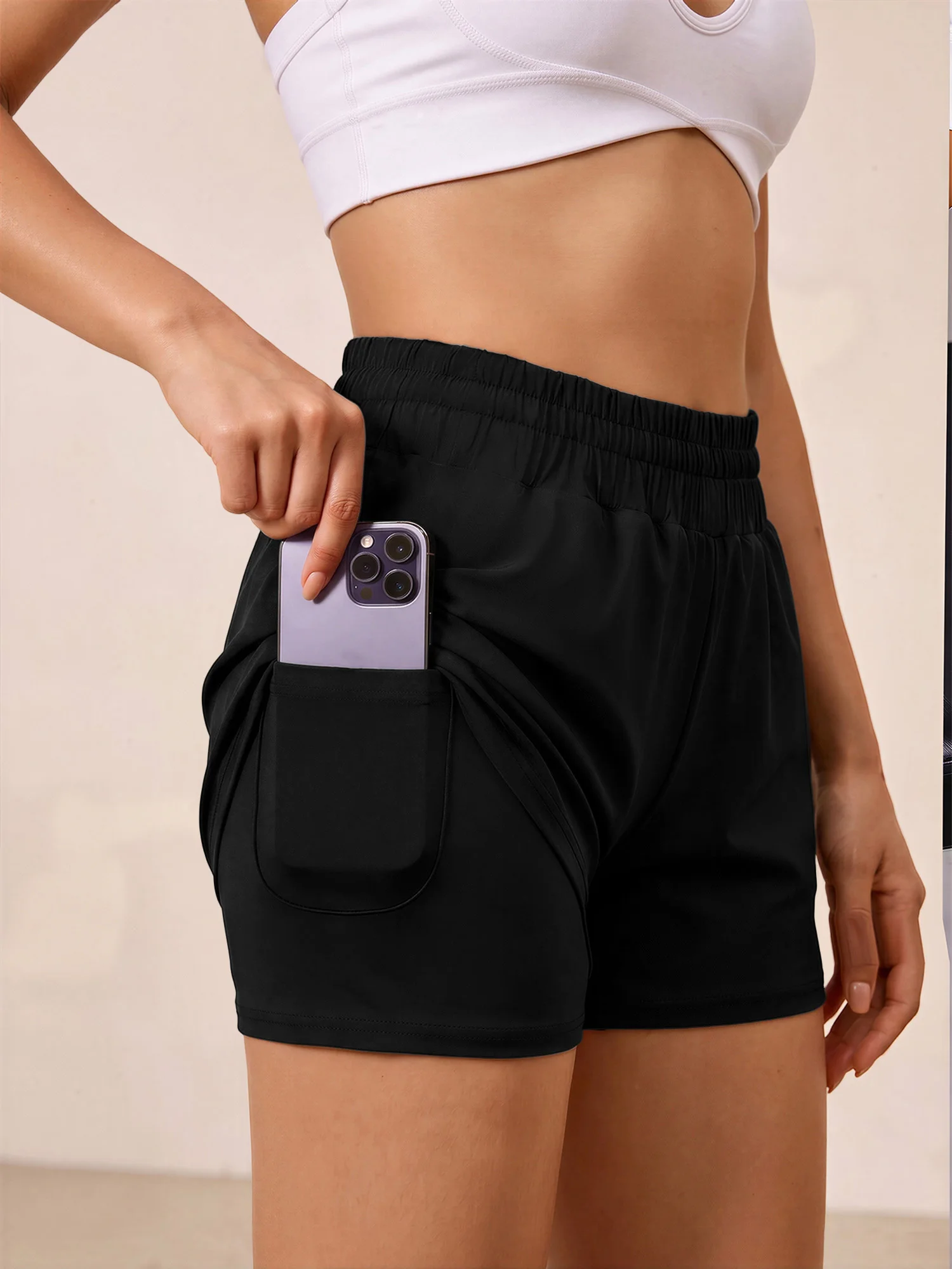 

2 In 1 Liner Black Sports Shorts Women High Waist Soft Fabric Pocket Gym Jogging Shorts