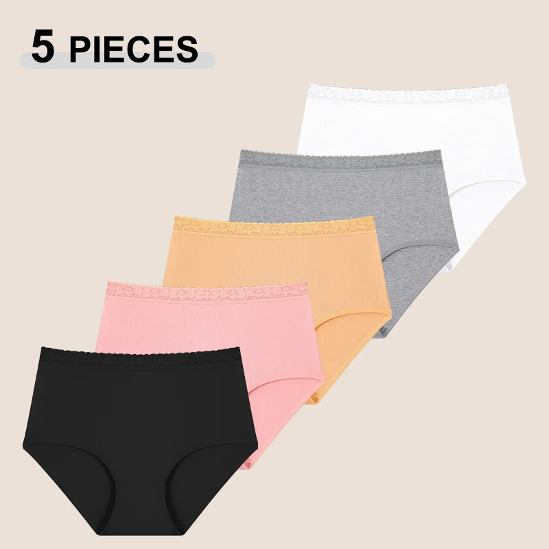 5PCS frauen Nahtlose Baumwolle Stoff Höschen Einfarbig Spitze Trim Hohe Aufstieg Unterhose Weibliche Weiche Atmungsaktive Dessous Dessous