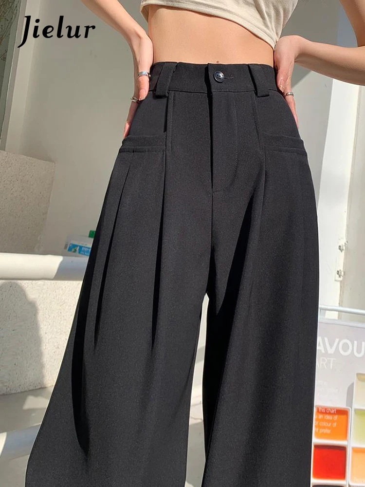 Jielur Losse Grey Fashion Pockets Broek Lady Lente Zomer Hoge Taille Rechte Lange Broek Vrouwelijke Toevallige Wijde Pijpen Broek Vrouwen