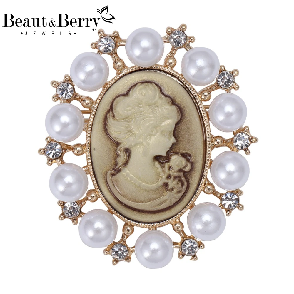 Beaut&Berry Trendy Pearl Beauty Head Brooches for Women Unisex Creativity Pins Casual Party Jewelry Accessories Gifts Decoration