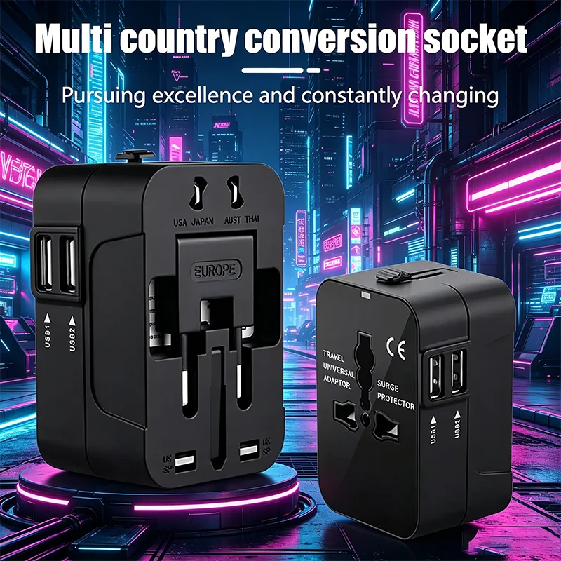 Universal Travel Adapter with Dual USB Type-C & AC Outlets All-in-One Wall Charger Worldwide Plug Converter for US/EU/UK/AU
