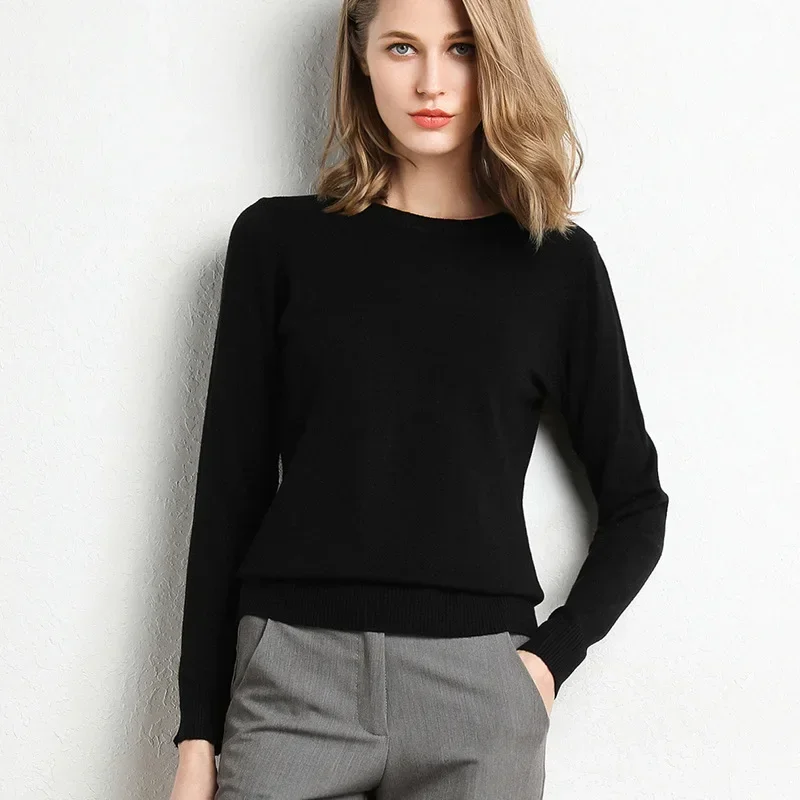 2023 Women Slim O-Neck Pullover Cashmere Wool Blending Sweater Autumn And Winter Long-Sleeved Knit Bottoming Shirt Large Size