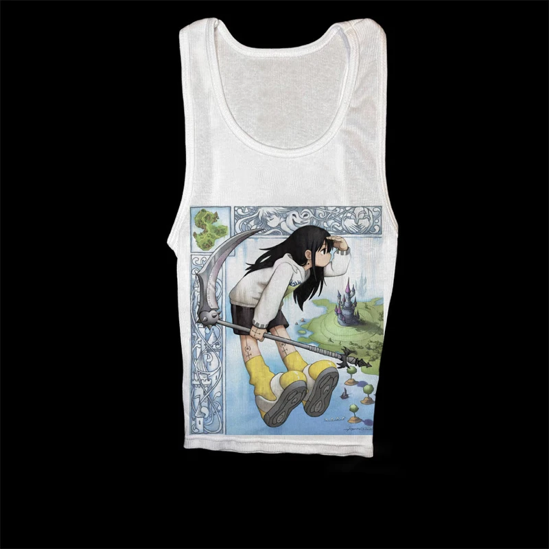 Cream Slim Fit T Shirt Women Retro Anime Scythe Girl Castle Print Short Sleeve Vintage Y2K Grunge Egirl Harajuku Streetwear Grap
