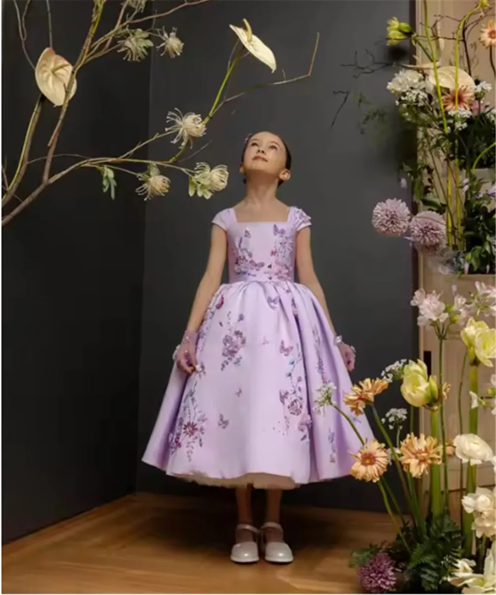 

Flower Girl Dresses For Wedding Customized Floral Appliques Butterflies Dress Princess Birthday Party Gown Kids Pageant Dress