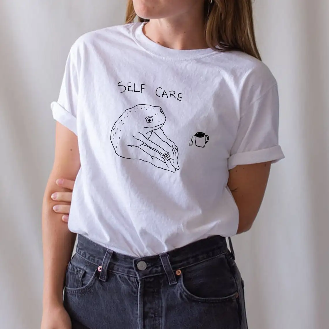 Self Care Funny Frog Printing Women White T shirts Short Sleeve Loose Cotton Graphic Tees O Neck Summer Casual Aesthetic Shirts