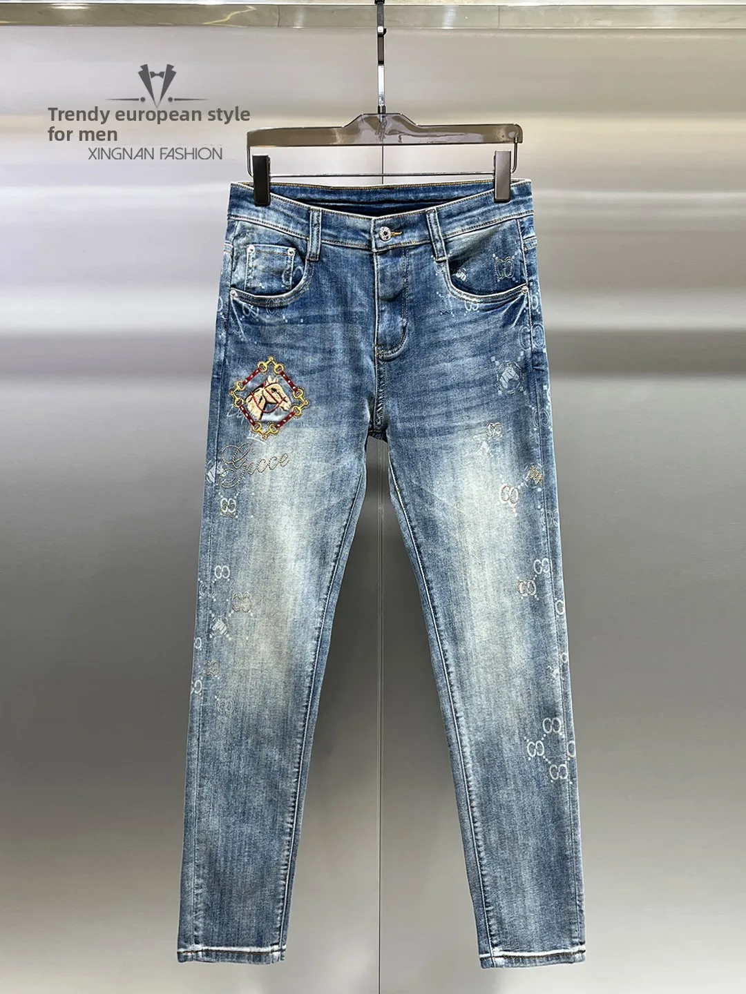 

Spring Summer Thin Embroidered Men's Jeans Light Blue Waed Slim Fit Long Pants Comfortable Breathable Soft Elastic Cotton