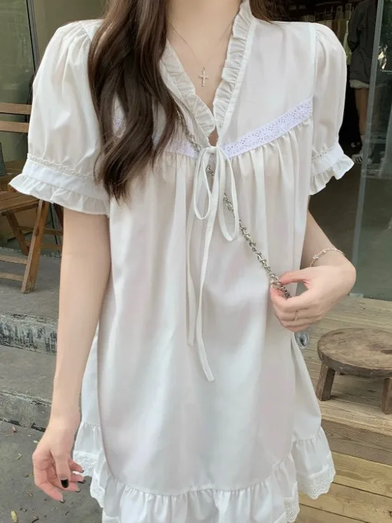 Summer Chic Gentle V-ne Loose Splicing Lace Women's Dr Ci Commuting ort Sve Korean Sle Doll Skirt Dr