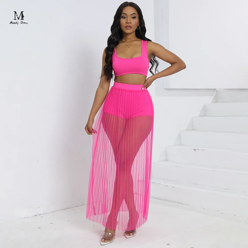 Fashion Women 3 Piece Swimsuit Vest Shorts Mesh Pleated Skirts Beach Clothes Spring Summer Lady Swimwear Set 2024