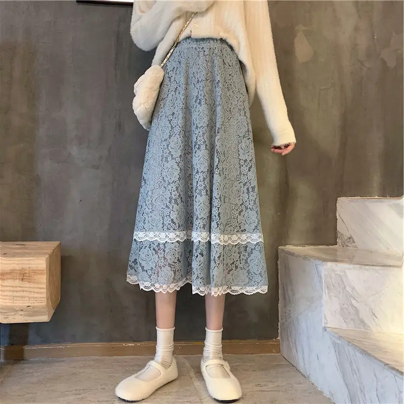 Kawaii Skirt for Women Spring Summer Black Long Skirts for Women Fashion Lace Skirt 2024 New Spring Summer Mid Length Skirt