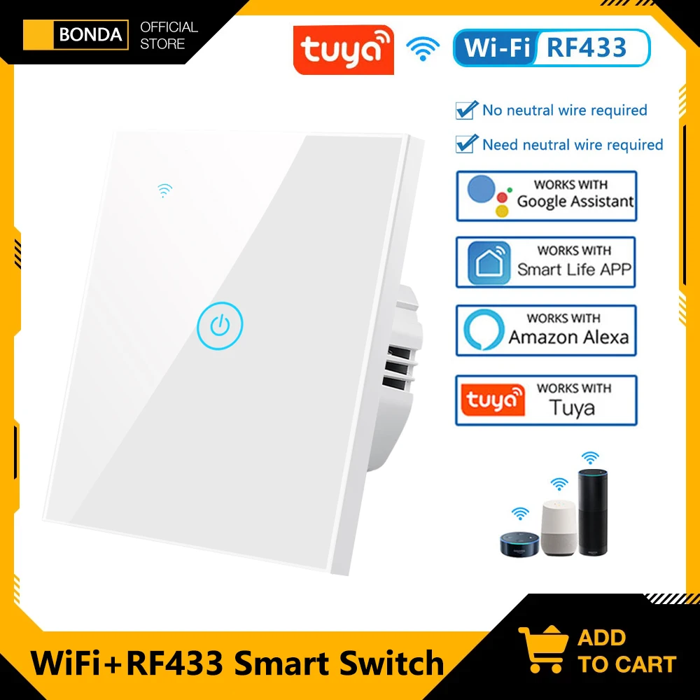 Tuya WiFi Smart Light Switch Eu No Need Neutral RF433 Touch Sensor Smart Life Wall Switch 220V Voice Work with Alexa Google Home