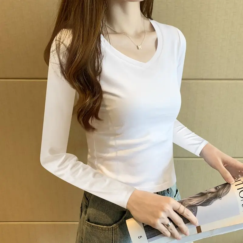

Stylish Slim V Neck Designer Cotton Long Sleeve T-Shirt Women Autumn Winter TEES 2025 V-Neck White Undershirt Casual Solid Tee