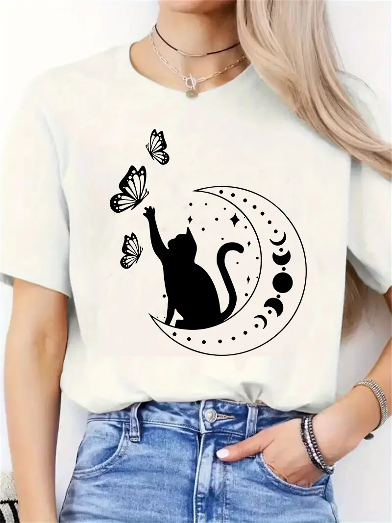 Funny Moon Cat with Butterfly 90s Casual Y2k Fashion T-shirt Print Short Sleeve T Shirt Top Tee Summer Ladies Girls Shirt