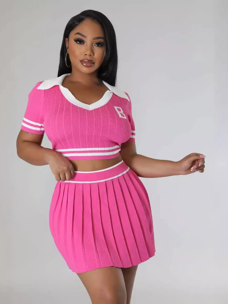 XIZOU Two Piece Skirt Sets Women V Neck Short Sleeves Crop Tops and Pleated Mini Skirt Female Sweet Spoty Knitwear Tennis Suits