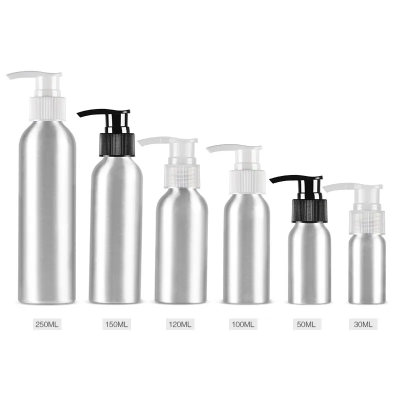 Free Shipping 3Pcs 30/50/100/120/150/250ml Aluminum Cosmetic Pump Bottles for Lotion Shampoo Conditi Empty Refill Pump Dispenser