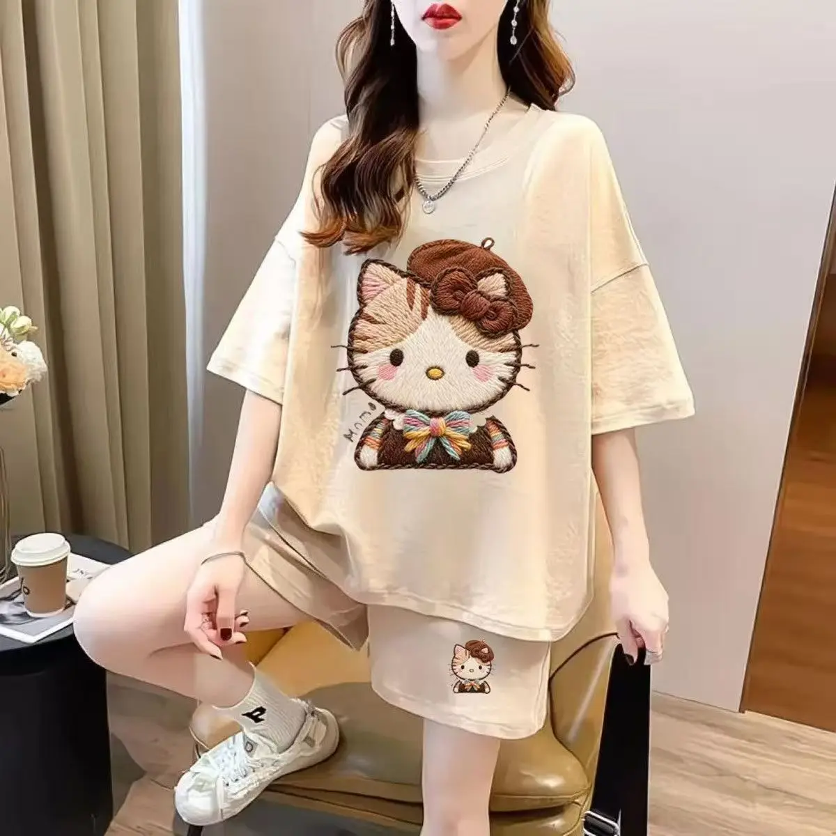 

Korean Lazy Style Hello Kitty Style Cat Print Set Women's Shorts Short Sleeved Home Clothes Two-piece Set