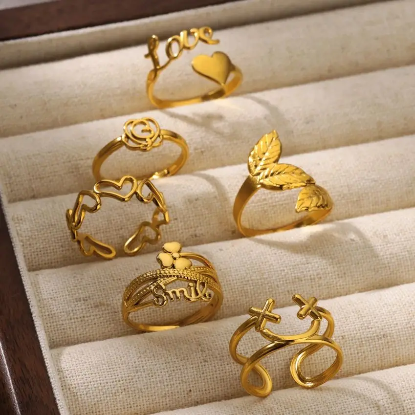 316L Stainless Steel Gold Plated Heart Flower Rings For Women Men Open Adjustable Ring Gothic Punk Aesthetic Jewelry 2024 New