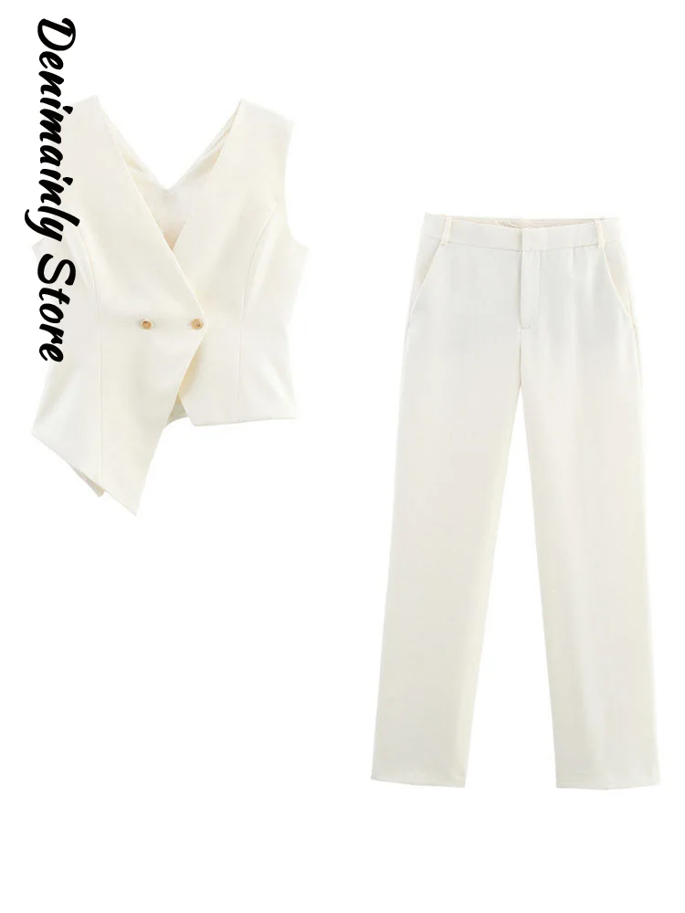 

Fashion Asymmetrical Jacket Pants Set Women V-neck Sleeveless Crop Top Straight Trouser Solid Sets 2025 Summer Lady 2 Piece Suit