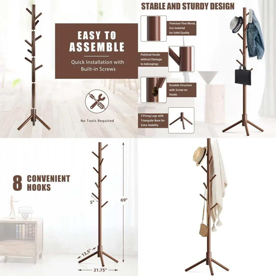 

Деревянная вешалка для одежды с 8 крючками, изготовлена из Новой Зеландии сосны, для легкой сборки и долговечного использования в прихожей, прихожей, спальне или