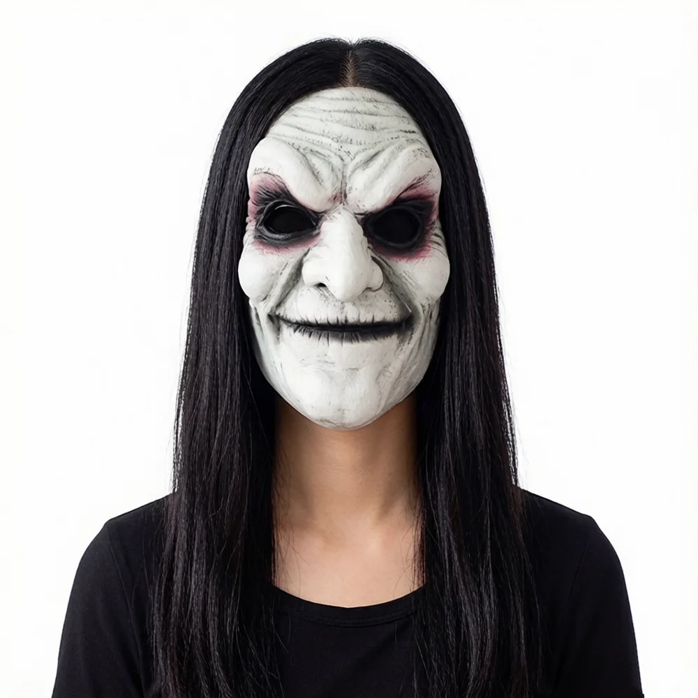 Hexenmaske mit Haaren – Gruselige Latex-Halloween-Kostüm-Requisite für Cosplay, Spukhäuser & Themenveranstaltungen – Detail 5