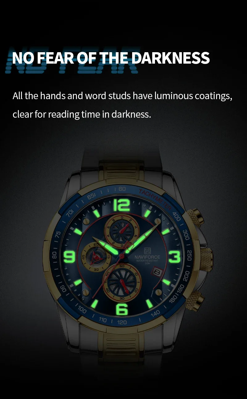 NAVIFORCE 2024 Men Watch Sport Man Wristwatch Top Brand Luxury Blue Military Chronograph Gold Stainless Steel Quartz Male 8020