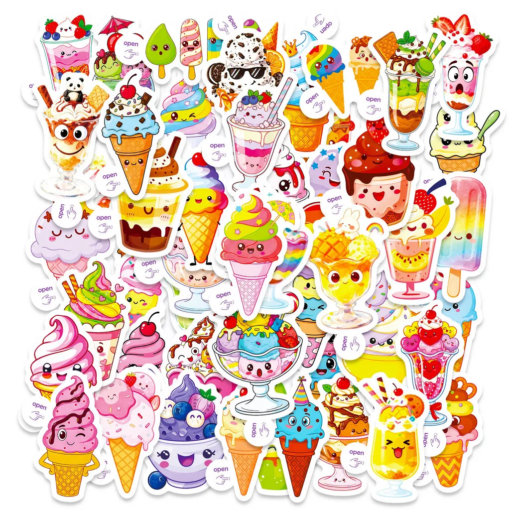 50Pcs Cute Anthropomorphic Ice Cream Doodle Stickers, Creative Food‑themed Waterproof Decals, DIY Golden Memory Stickers Store