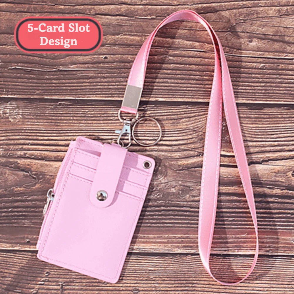 5 Card Slot Design Coin Purse Wallet PU Leather with Lanyards Neck Strap Credit Card Holder Multi-compartment Zipper Pocket