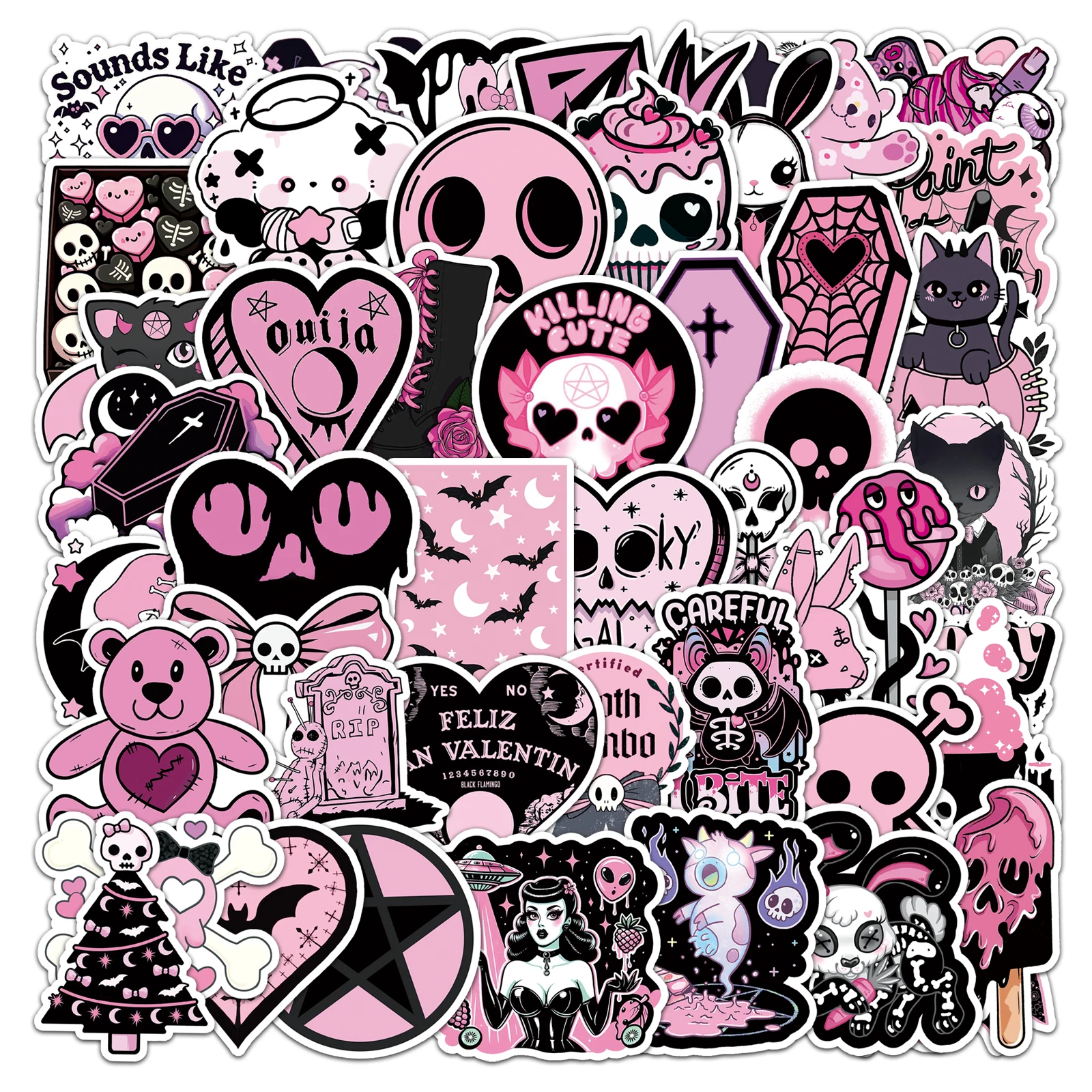 

50Pcs Cute Cartoon Kawaii Black Pink Gothic style Series Cartoon Cute Waterproof Sticker Skateboarding Retro home decal Sticker