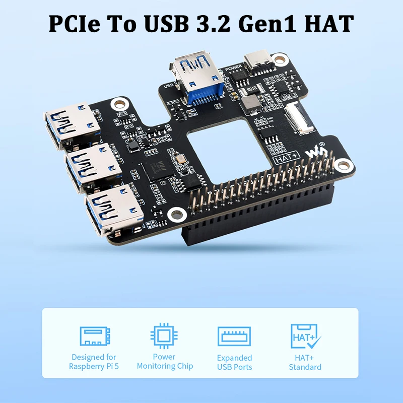 PCIe To USB 3.2 Gen1 HAT for Raspberry Pi 5 PCIe to USB HUB 4x High Speed USB Ports Plug and Play HAT+ for RPI 5