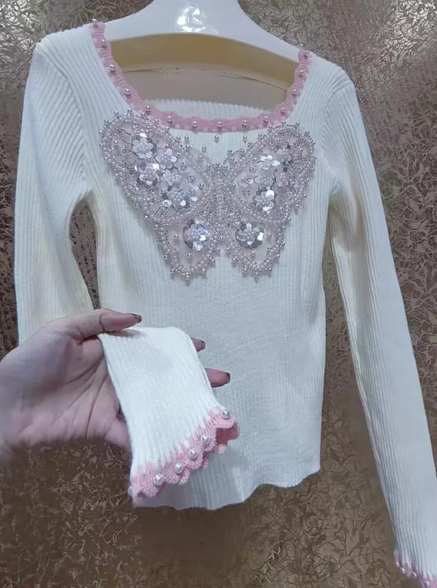 

Luxury Style Sparkle Pearls Beading Sequined Butterfly Knitted Pullover For Women's Slim Fit Sweater Woman Clothing Autumn 2024