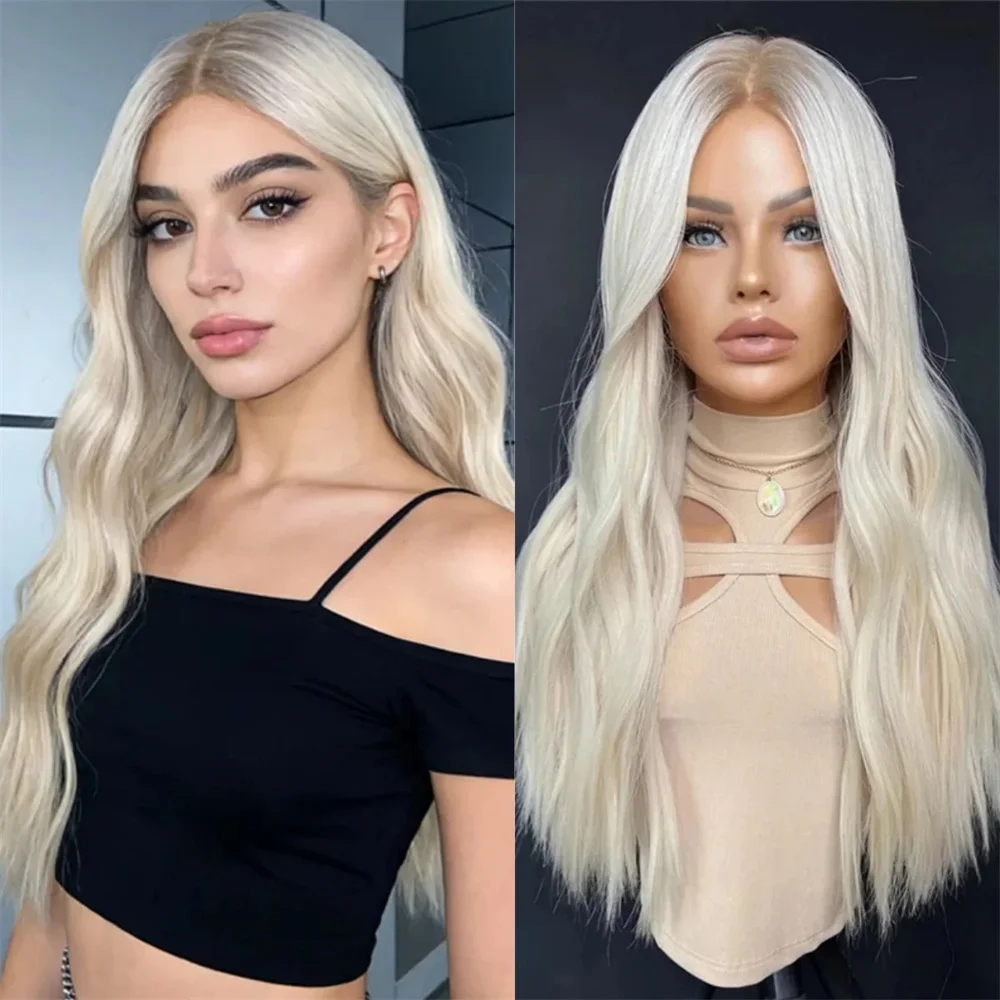 Platinblonde Unsichtbare Lace-Perücke mit Weichen Lockigen Wellen aus Hitzebeständiger Synthetikfaser 13x4 Lace-Front-Perücke Realistisch Wie Echte Perücke