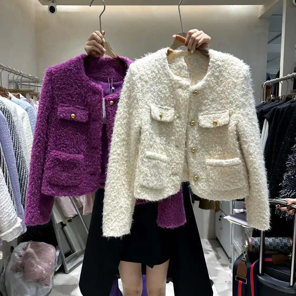 Women\'s Winter New Wool Coat White Purple Thickened Soft Round Neck Loose Single Button Female Jacket