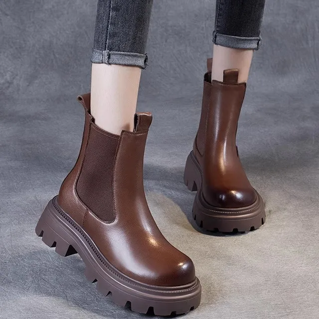 

Retro British Boots Women's Pure Cowhide Platform Chelsea Short Boots Leather Shoes Comfortable Breathable All Season
