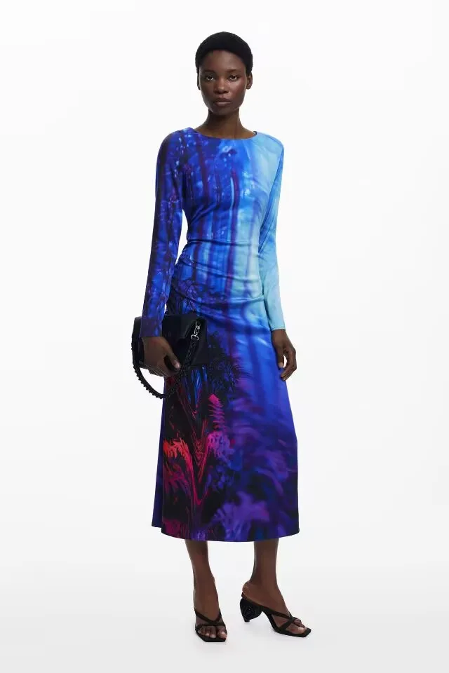 Spanish-style printed satin skirt for foreign trade, floral printed waist-cinching long-sleeved women's dress