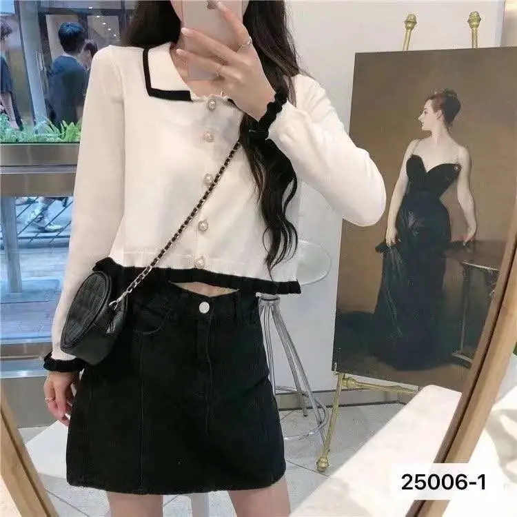 2024 Spring and Autumn New Korean Heart Machine Pearl Buckle Long Sleeve Short Doll Neck Knitted Clothes Trendy Women