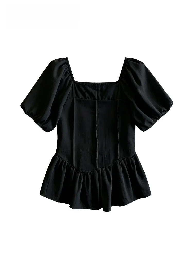 

Fashionable Large Size Women's Bubble Sleeve Shirt Square Collar Summer Clothing Breathable Casual Style Polyester Fiber