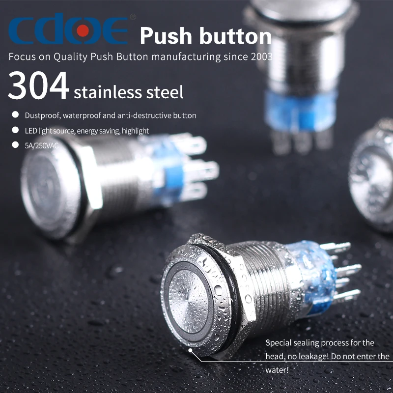 CDOE momentary latching switch 19MM normally open normally close ip67 control panel start waterproof button